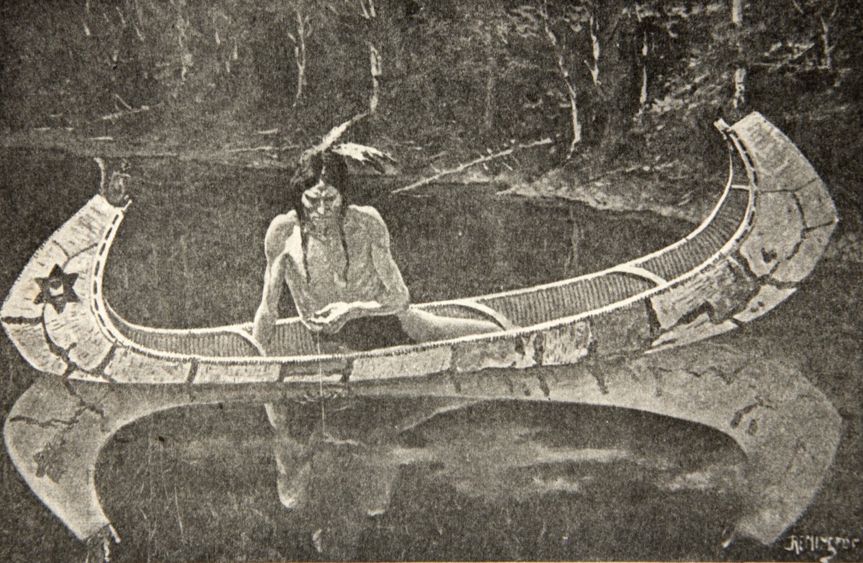 Istui pitkään odottaen vastausta Henry Wadsworth Longfellowin (1807-82) pubista The Song of Hiawatha. George G. Harrap und Company Ltd., 1911 tekijältä Frederic Remington