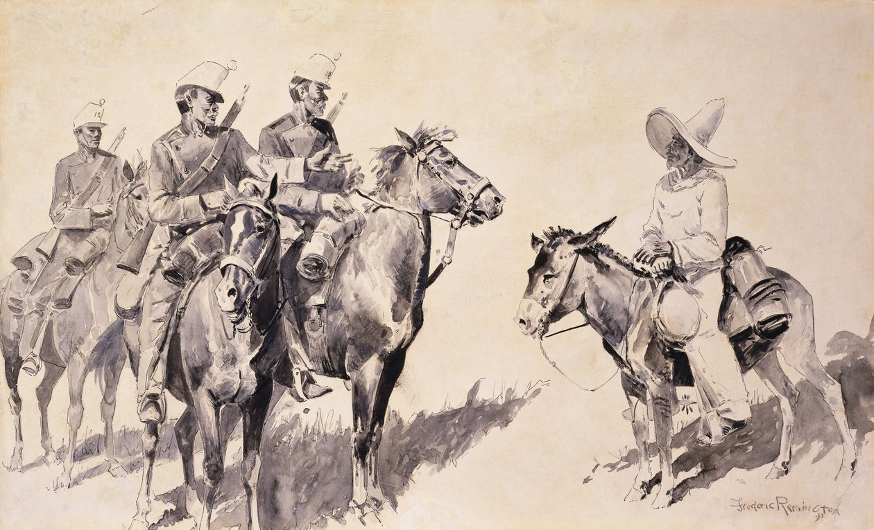 Meksikon santarmit kysymässä tietä, 1890 tekijältä Frederic Remington