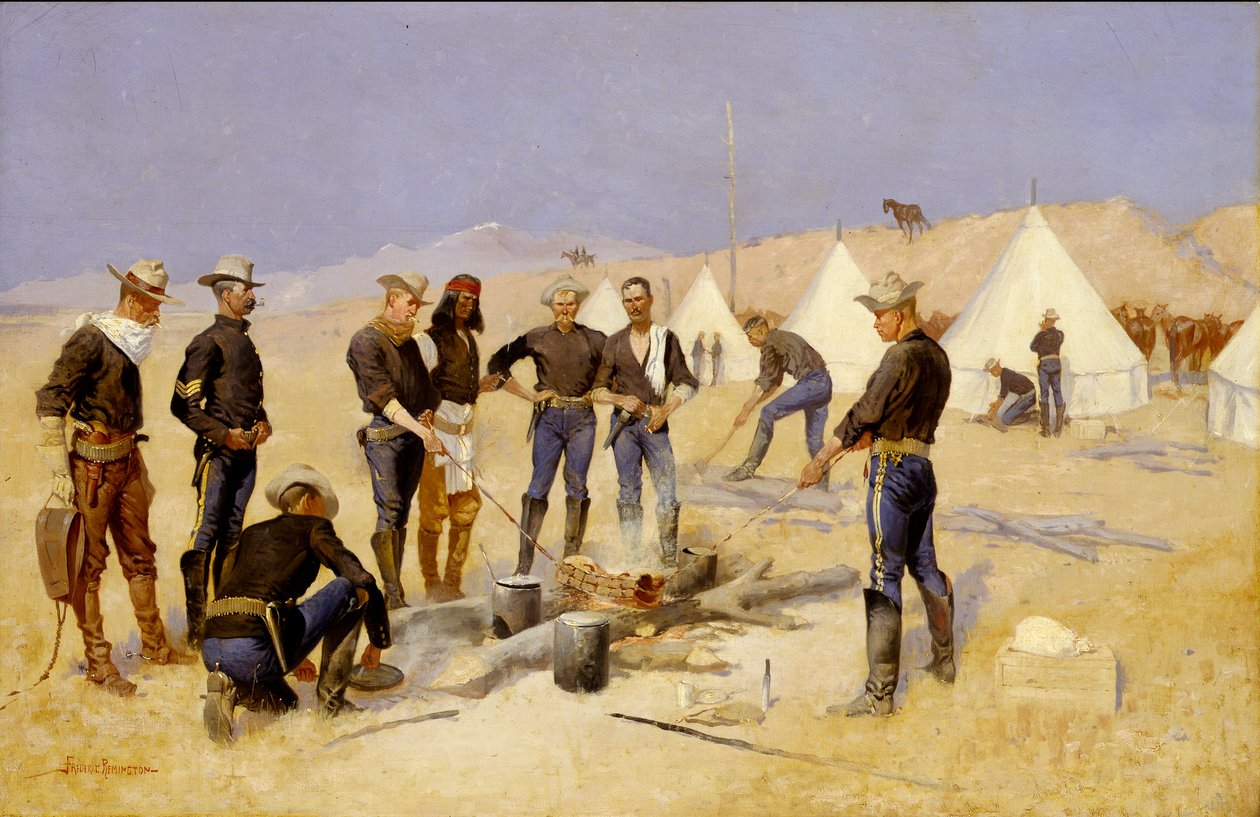 Joulupihvin paahtaminen ratsuväen leirissä tekijältä Frederic Remington