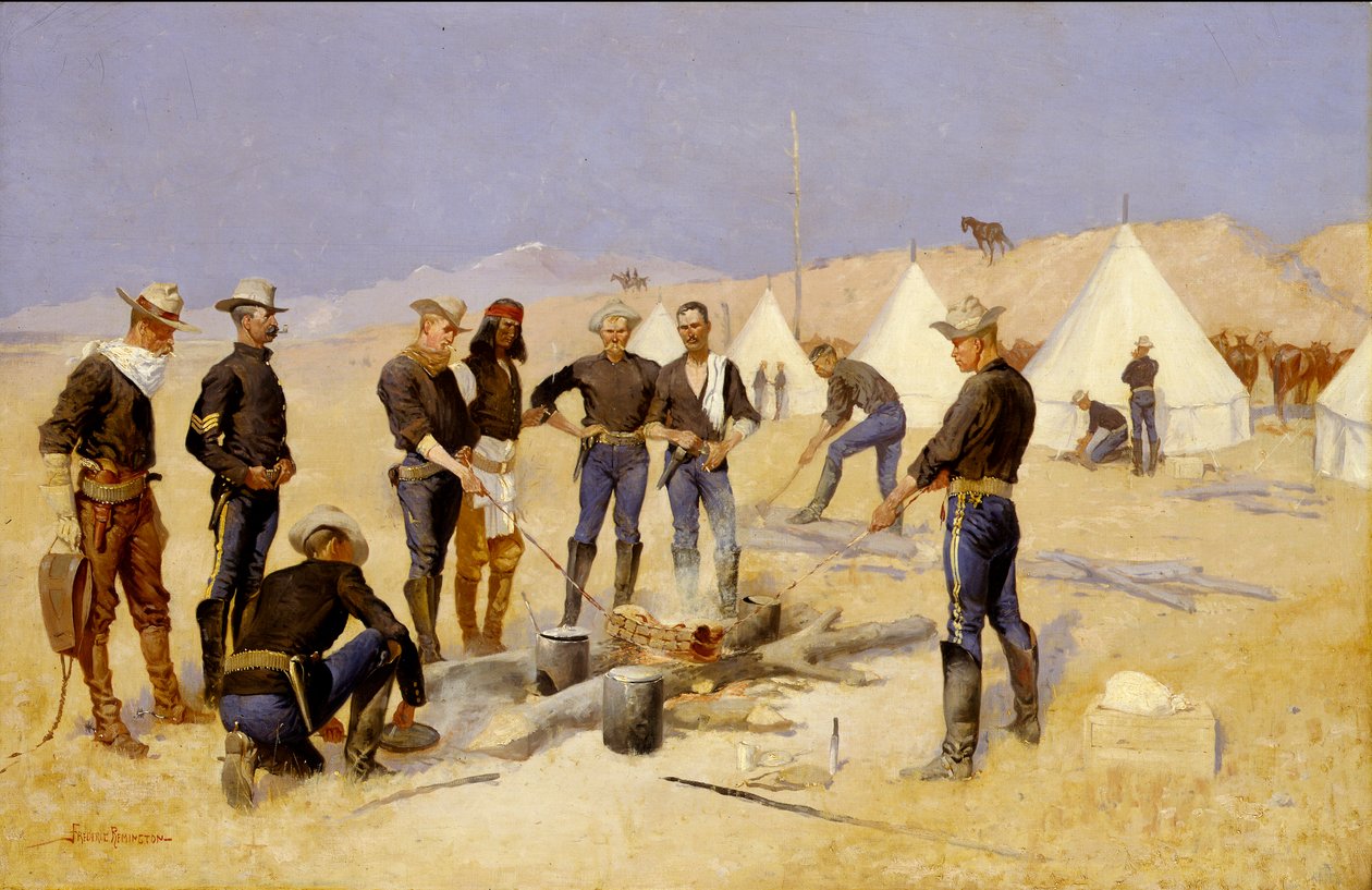 Joulunaudan paistaminen ratsuväen leirillä tekijältä Frederic Remington