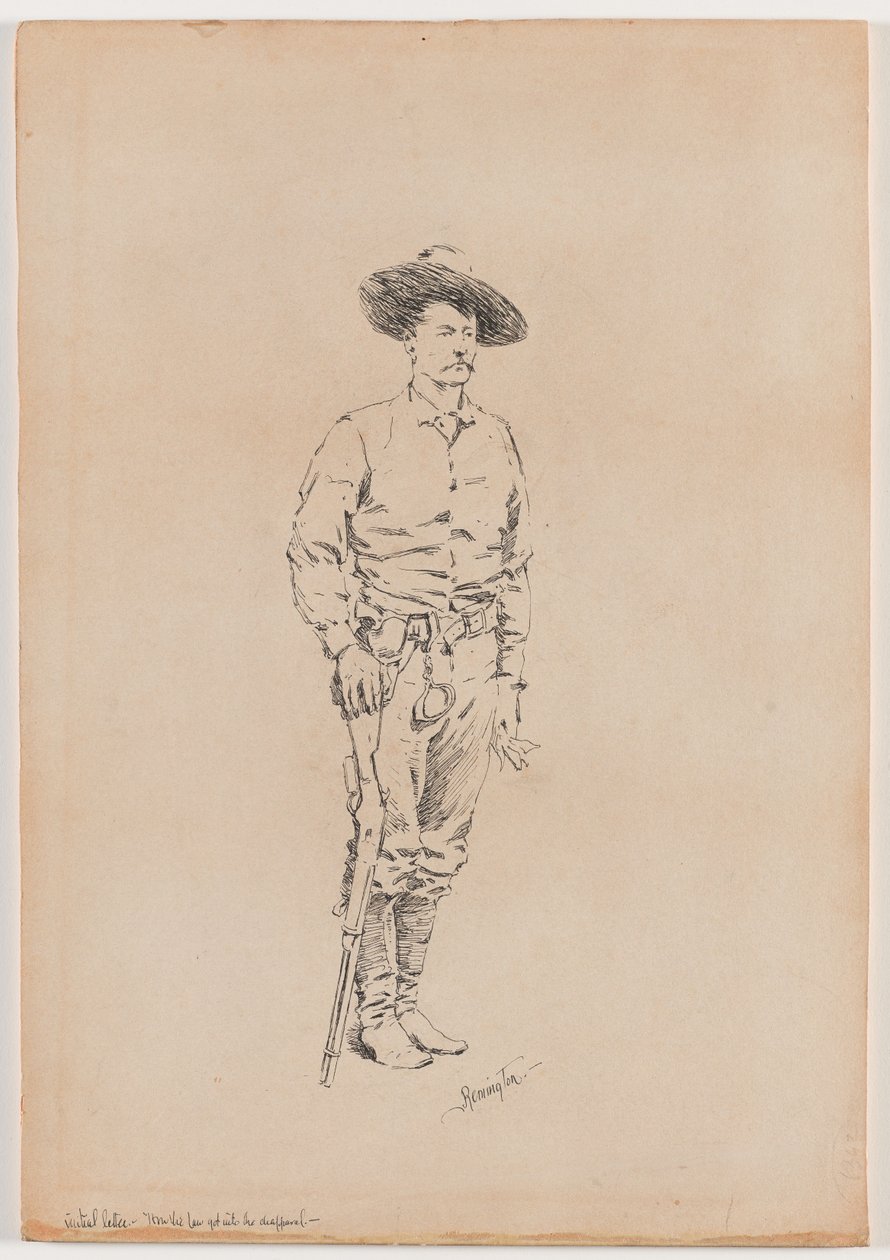 Luonnos Texas Rangerista "Kuinka laki Päästiin Chaparraliin" tekijältä Frederic Remington