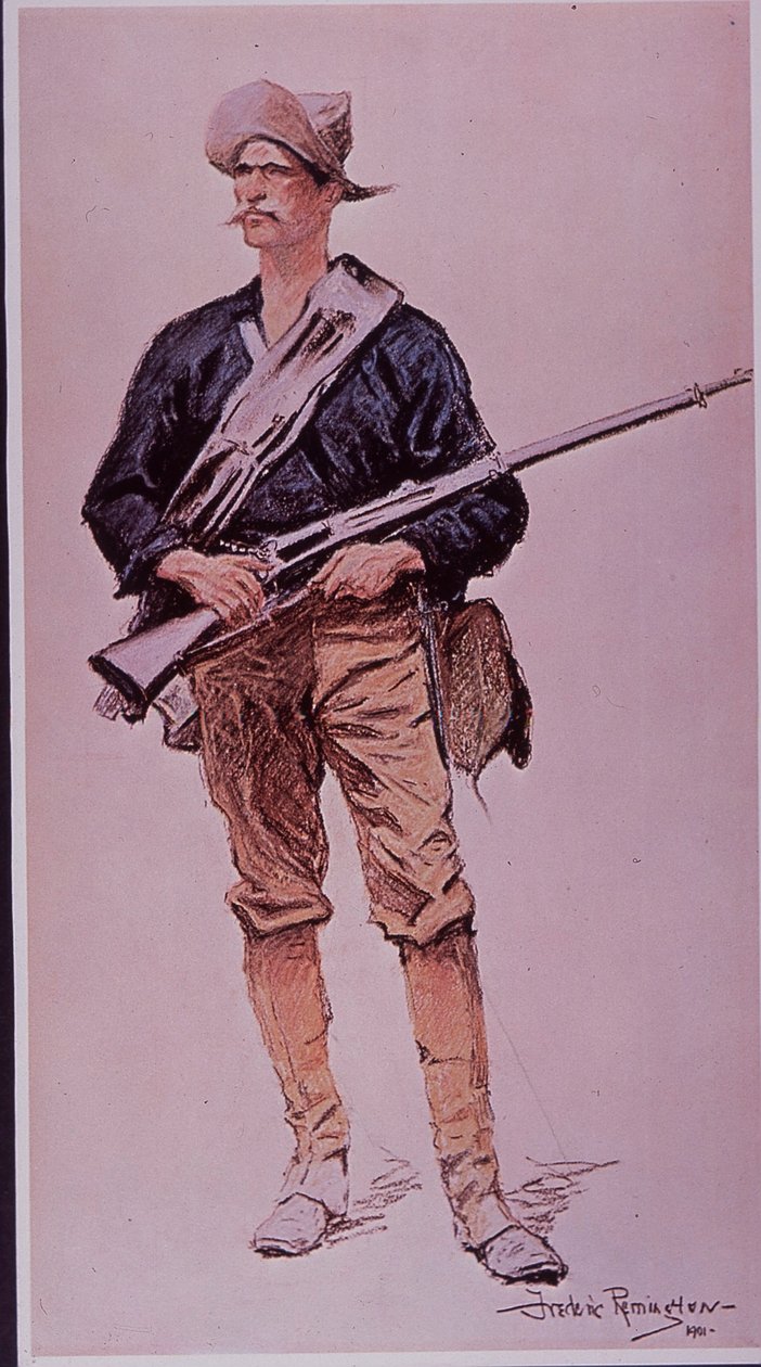 Espanjalais-amerikkalainen sota 1898, yhdysvaltalainen jalkaväki aseistettu Krag-Jorgensen lipaskiväärillä tekijältä Frederic Remington