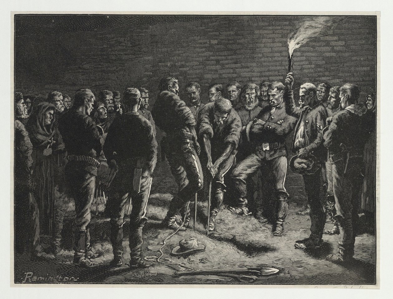 Apache-kampanja – Hatfieldin miesten hautaaminen, Harpers Weekly, pub. 1886 tekijältä Frederic Remington