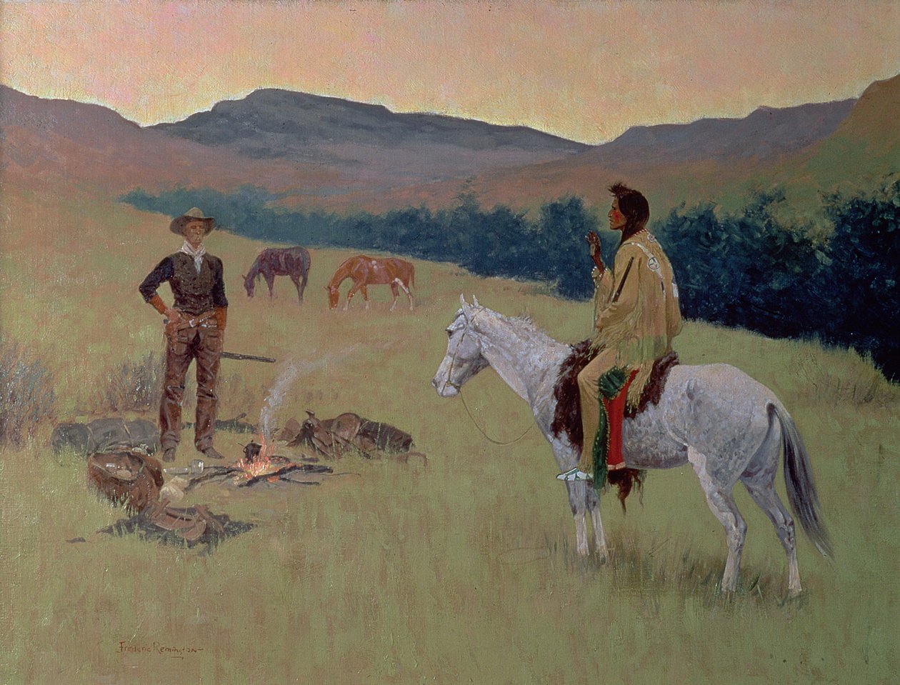 Keskustelu eli epäilyttävä yritys (öljy kankaalle) tekijältä Frederic Remington