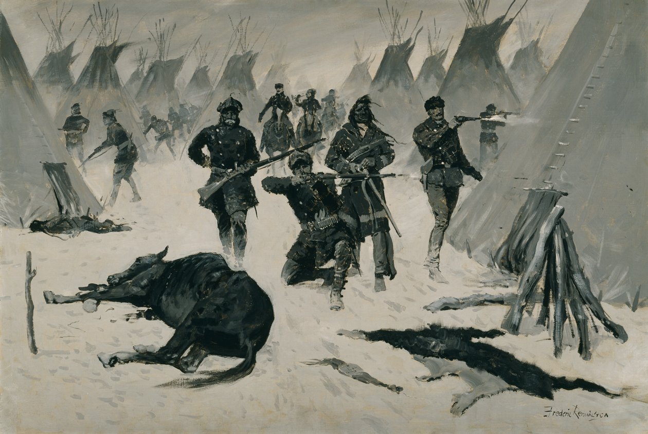 Hullun hevosen tappio (Eversti Milesin The Defeat of Crazy Horse, tammikuu 1877, talvihyökkäys intiaanikylään) n. 1901, mahdollisesti n. 1896 tekijältä Frederic Remington