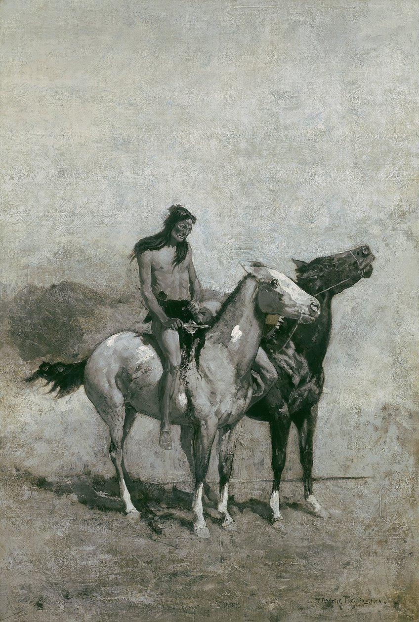Tulisyöjä heitti uhrinsa poninsa yli, n. 1900 tekijältä Frederic Remington