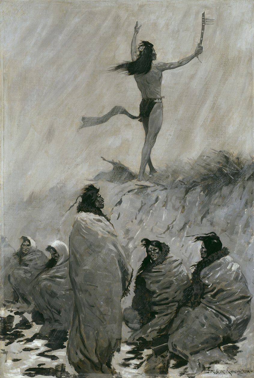 Tulisyöjä kohotti kätensä ukkoslintua kohti, noin 1900 tekijältä Frederic Remington