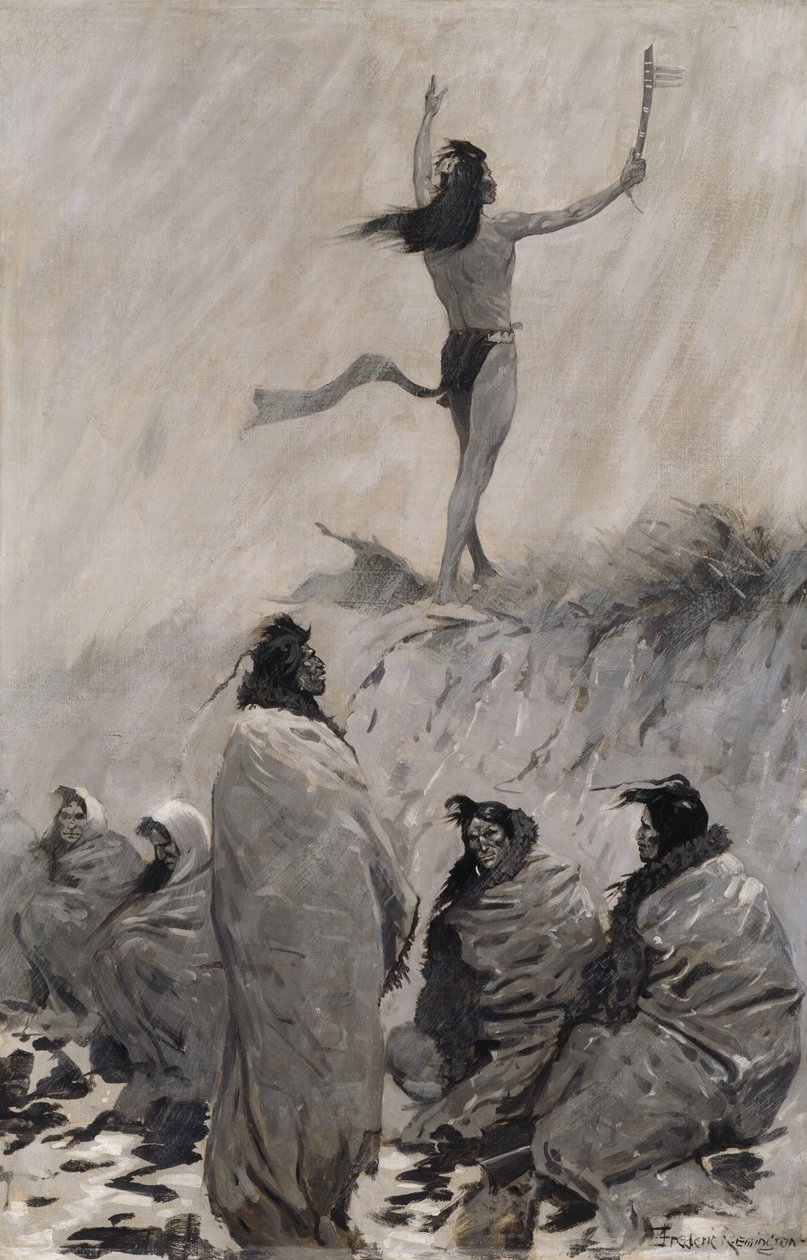 Tulisyöjä kohotti kätensä ukkoslintua kohti, n. 1900. tekijältä Frederic Remington