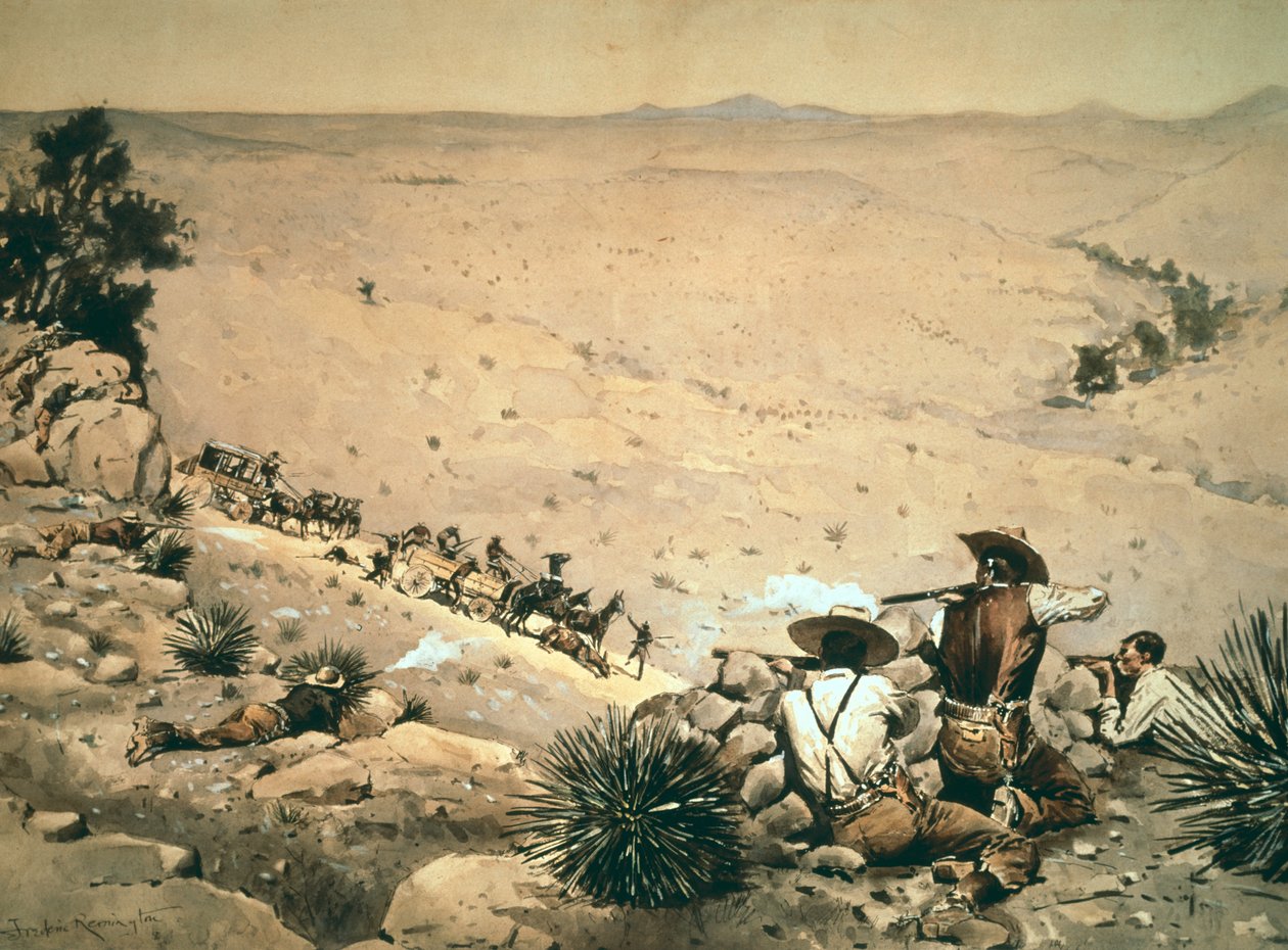 "The Hold Up", n. 1900 (öljy kankaalle) tekijältä Frederic Remington
