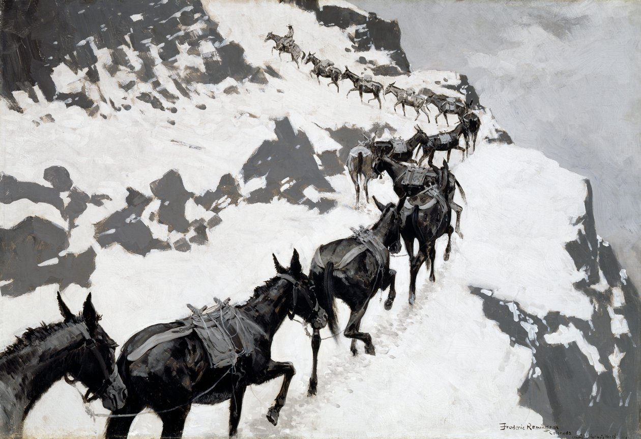The Mule Pack (malmijuna menossa hopeakaivoksiin, Colorado) 1901 tekijältä Frederic Remington