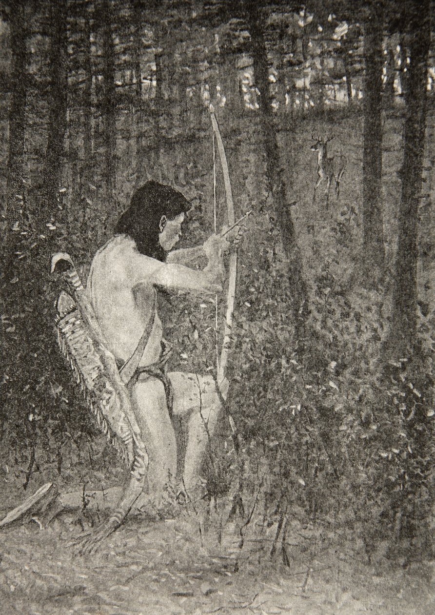 Sitten yhden polven kapinassa Hiawatha tähtäsi nuolen Henry Wadsworth Longfellowin (1807-82) pubista The Song of Hiawatha. George G. Harrap und Company Ltd., 1911 tekijältä Frederic Remington
