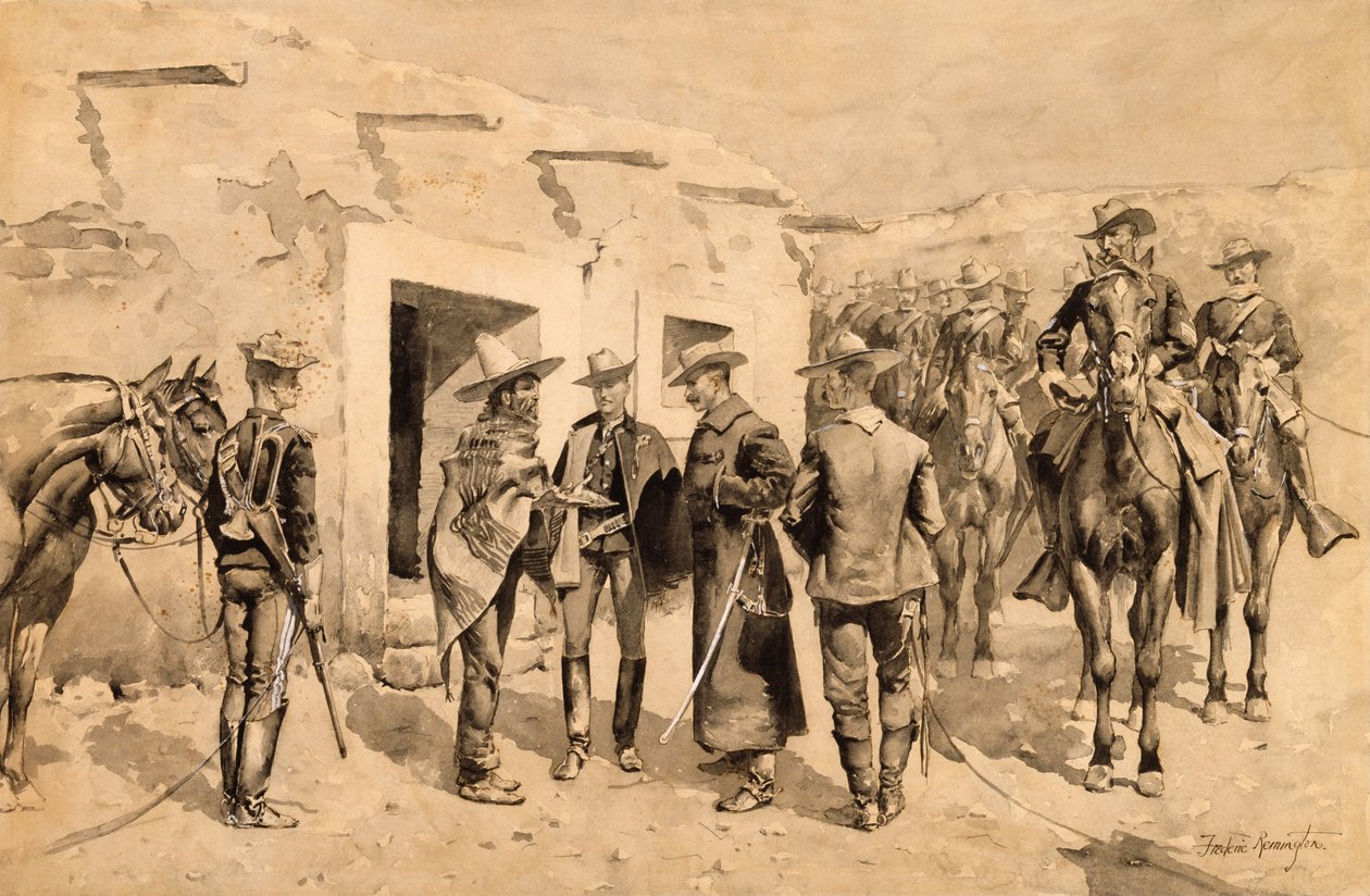 Yhdysvaltain ratsuväen metsästys Garza-miehiä Rio Grandessa, n. 1892 (wc paperilla) tekijältä Frederic Remington