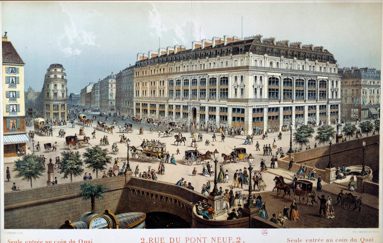 La Belle Jardiieren ulkonäkymä, rue du pont neuf Pariisissa 1800-luvulla. Kaiverrus Frederic Sorrieu (1807 -?) tekijältä Frederic Sorrieu