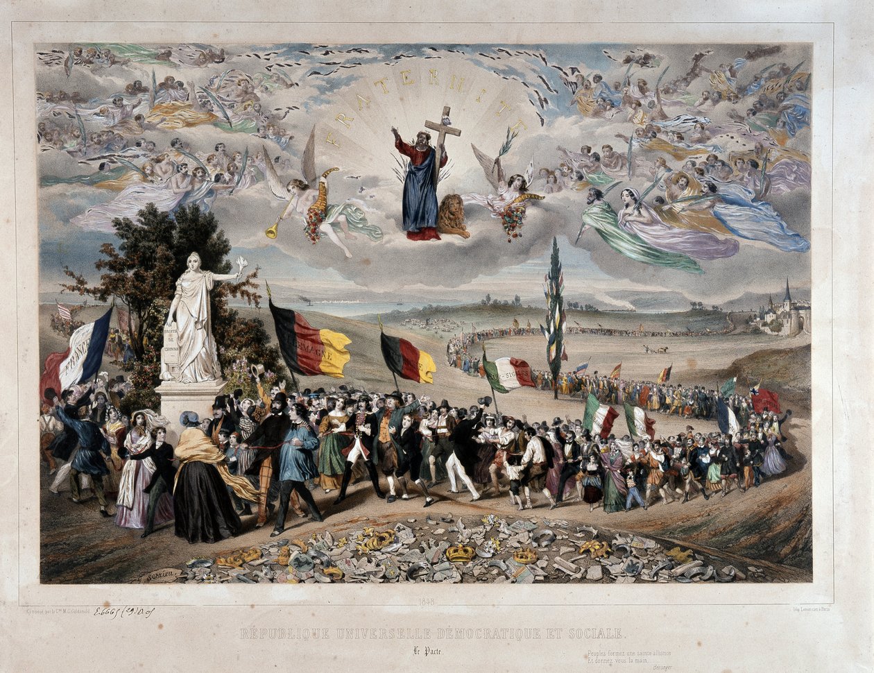 Euroopan kansojen yleismaailmallinen demokraattinen ja sosiaalinen tasavalta -kulkue unionissa ja veljeydessä. Frederic Sorrieun litografia (1807–1861) 1848 Pariisi, museo Carnavalet - Universaali demokraattinen ja sosiaalinen tasavalta tekijältä Frederic Sorrieu