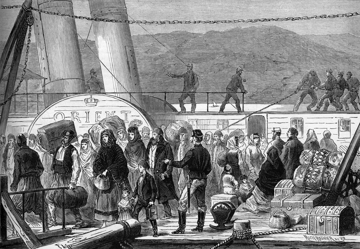 Idän sota (1875-1878), joka tunnetaan myös nimellä Venäjän ja Turkin sota: Tonavalla, maihinnousu Rustchuckin ja Widdinin juutalaisperheiden basiarkille toukokuussa 1877 (kaiverrus) tekijältä Frederic Theodore (after) Lix