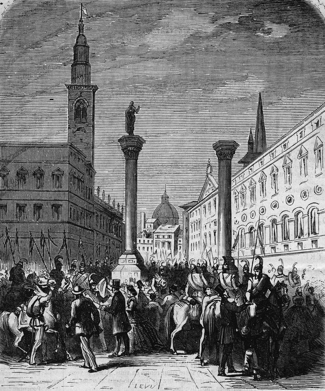 Italian kuningaskunnan ratsuväki, joka miehitti Piazza dei Signorin Vicenzassa, vapautettiin itävaltalaisista vuonna 1866. Kaiverrus Lixin piirroksesta. Teoksessa "" L