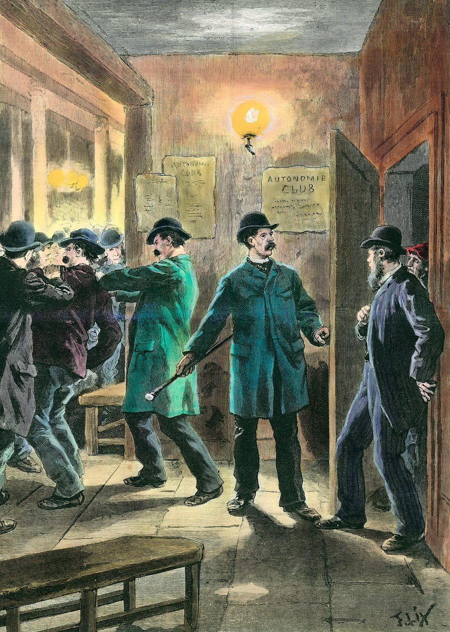 Anarkistit Englannissa: Poliisi pidätti Lontoon autonomistiklubissa Frederic Lixin kaiverrus (1830-1897) 1800-luvun yksityinen kokoelma tekijältä Frederic Theodore Lix