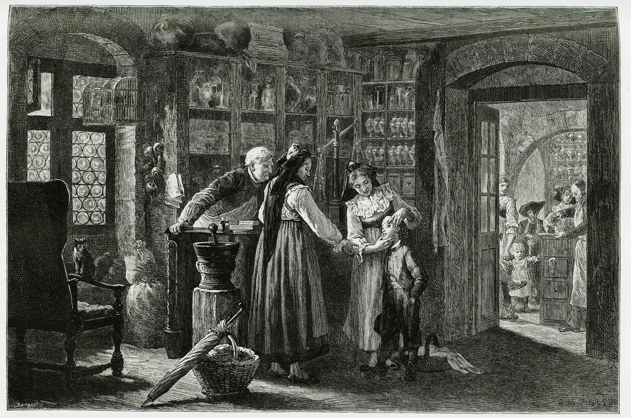 Kaysersbergin (tai Kaisersbergin Alsacen) kylän apteekissa hätäkonsultointi. F.Lixin kaiverrus havainnollistamaan tarinaa "Through Alsace and Lorraine", vuonna 1884, Charles Grad (1842-1890), saksalainen edustaja, kirjailija ja luonnontieteilijä. Pub tekijältä Frederic Theodore Lix