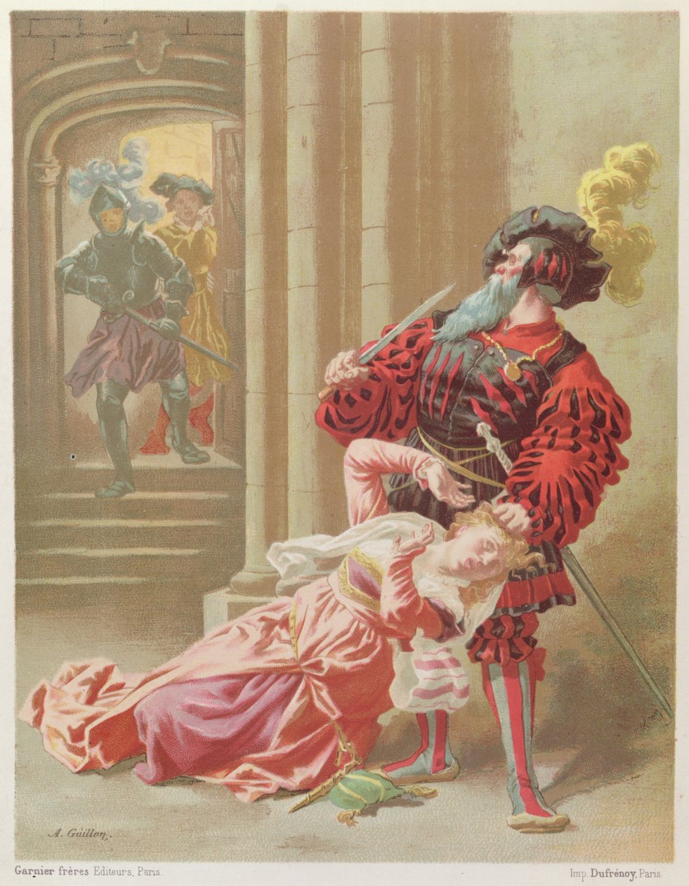 Siniparta yrittää tappaa viimeisen vaimonsa Fatiman, kuvitus Charles Perraultin (1628-1703) Contes de ma Mere l