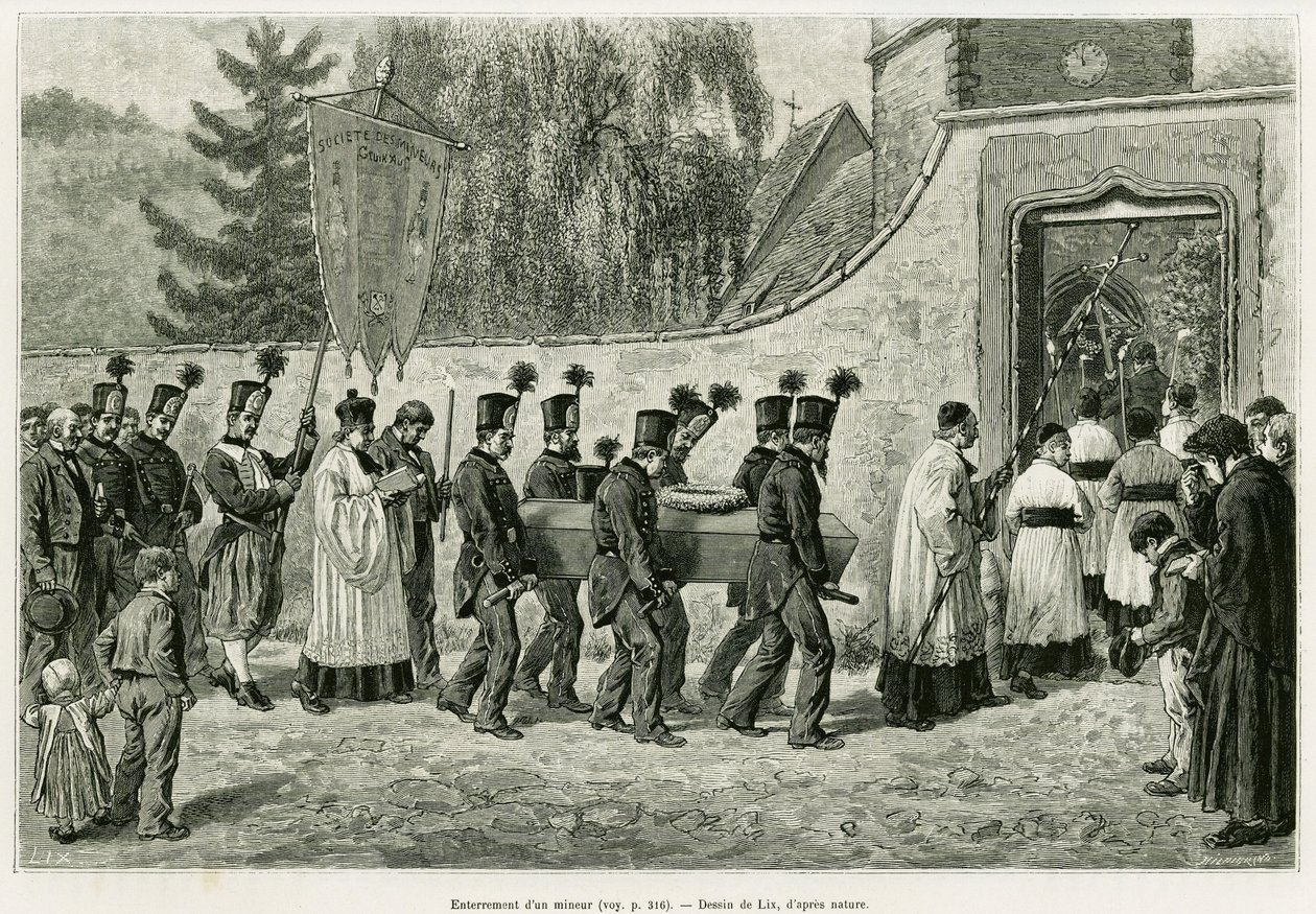 Alaikäisen hautaaminen. Lixin kaiverrus havainnollistamaan tarinaa A Through Alsacen ja Lorraine, vuonna 1887, Charles Grad, saksalainen edustaja, tour du monde 1888, ohjaaja Edouard Charton (1807-1890), Hachette, Paris. tekijältä Frederic Theodore Lix