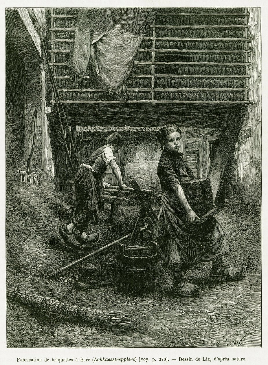 Lapsityövoimaa briketoinnissa, Barr. Lixin kaiverrus havainnollistamaan tarinaa A Through Alsacen ja Lorraine, vuonna 1887, Charles Grad, saksalainen edustaja, tour du monde 1888, ohjaaja Edouard Charton (1807-1890), Hachette, Paris. tekijältä Frederic Theodore Lix