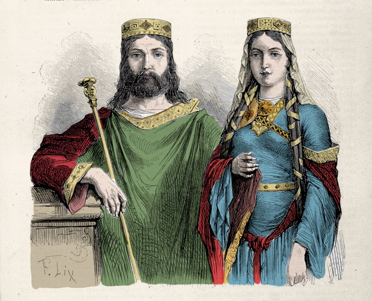 Clovis (481-511) frangien kuningas toisen vaimonsa Saint Clotilde (Clothilde) kuningattaren kanssa. Kaiverrus Lix. tekijältä Frederic Theodore Lix