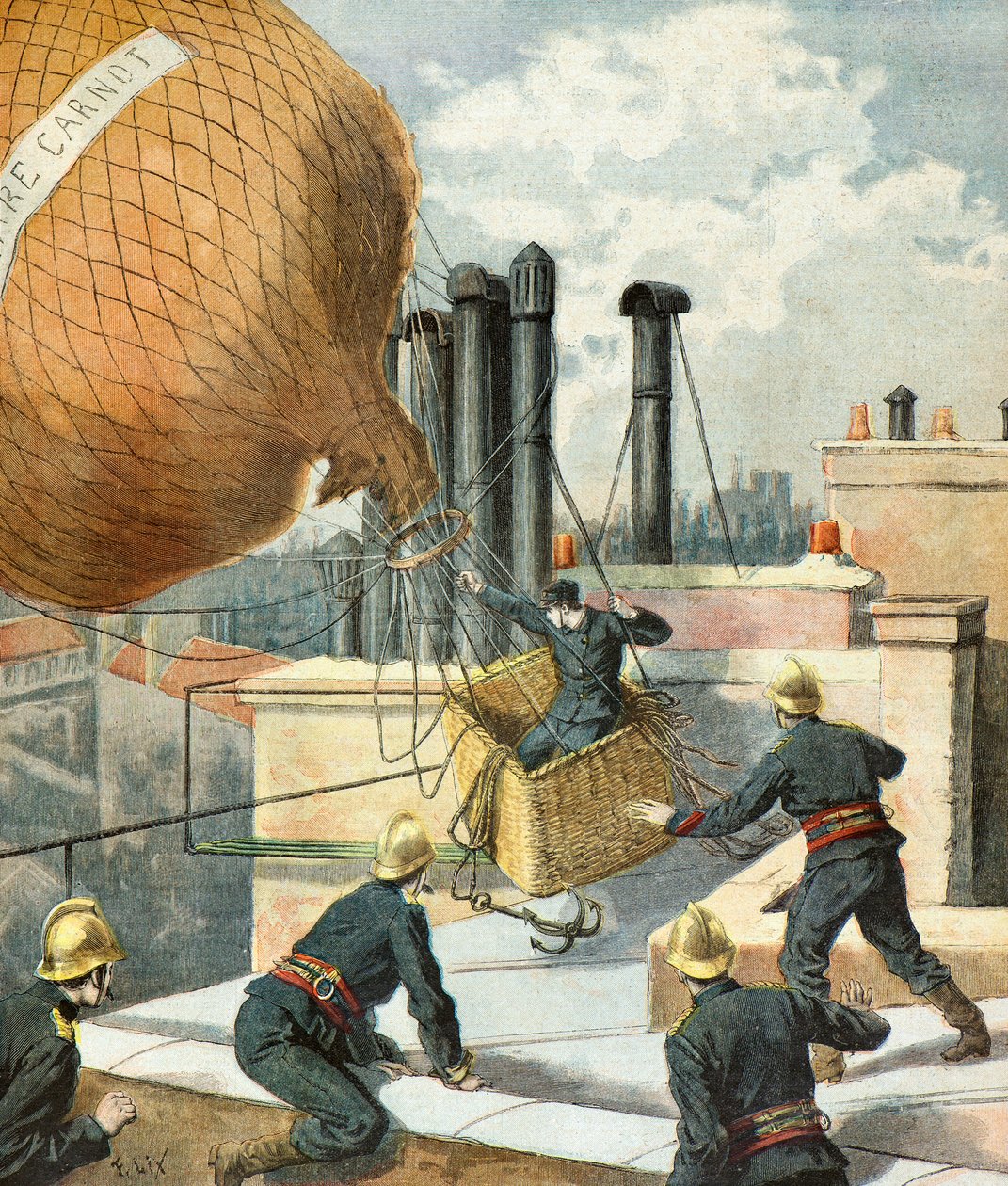 Palomiehet pelastamassa miestä ilmapallossa tekijältä Frederic Theodore Lix