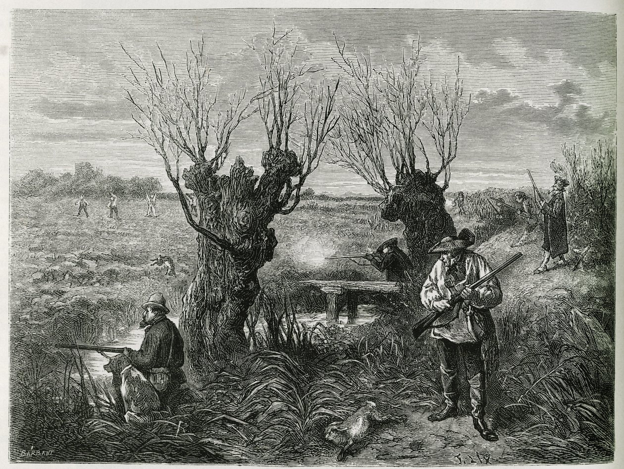 Metsästä jänistä. Kaiverrus F.Lix, havainnollistamaan tarinaa "Through Alsace and Lorraine", vuonna 1884, Charles Grad tekijältä Frederic Theodore Lix