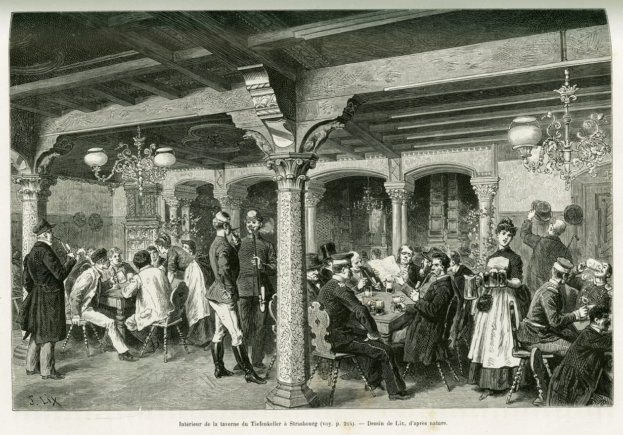 Tiefenkeller-tavernan sisustus Strasbourgissa. Lixin kaiverrus havainnollistamaan tarinaa A Through Alsacen ja Lorraine, vuonna 1887, Charles Grad, saksalainen edustaja, tour du monde 1888, ohjaaja Edouard Charton (1807-1890), Hachette, Paris. tekijältä Frederic Theodore Lix