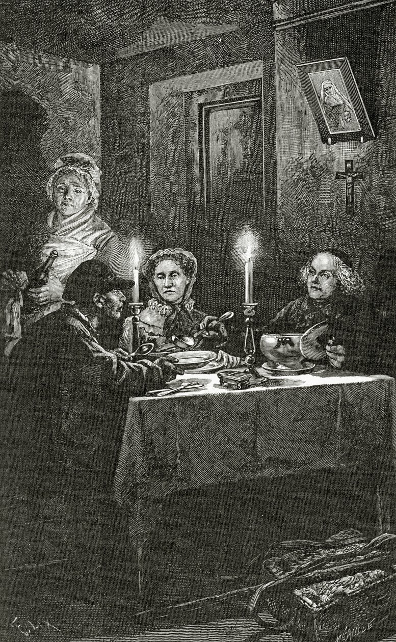 Jean Valjeanin vastaanottaa ja hoitaa piispa Myriel, 1800-luku (bw-kaiverrus) tekijältä Frederic Theodore Lix