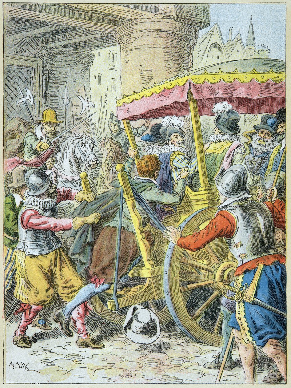 Franois Ravaillacin kuningas Henri IV:n murha Rue de la Ferronnerie Paris -kadulla, 14. toukokuuta tekijältä Frederic Theodore Lix