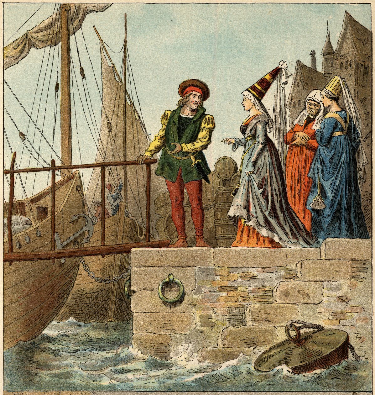 Suosittu kappale: "A Nantes on saapunut"". Kuvitus (yksityiskohta) Frederic Theodore Lix (1830-1897) teoksessa ""Lasten lauluja ja kierroksia Ranskan maakunnista"" tekijältä Frederic Theodore Lix