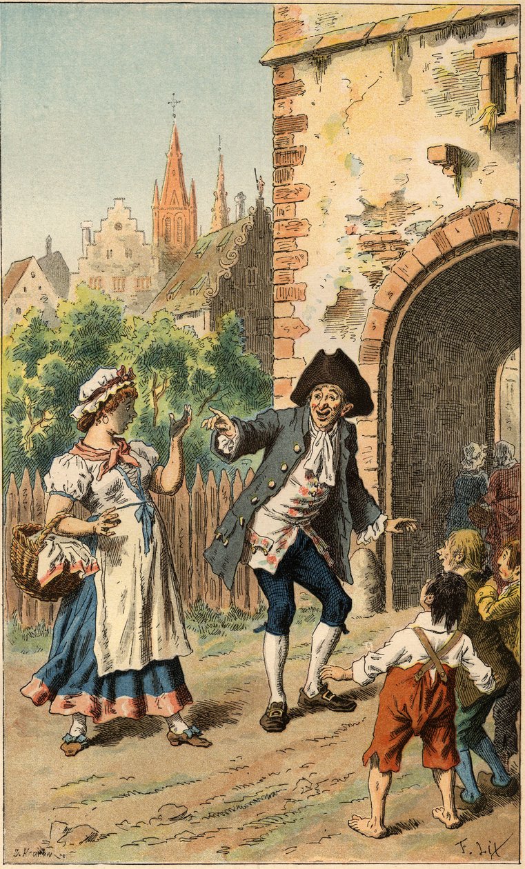 Suosittu kappale: "A Paris y a-t-une dame". Mies pilaa piikaa niin, että kasvot peittyvät kiillotusaineella. Frederic Theodore Lixin (1830-1897) kuvitus teoksessa "" Chansons et rounds enfantines des provinces de la France"" tekijältä Frederic Theodore Lix