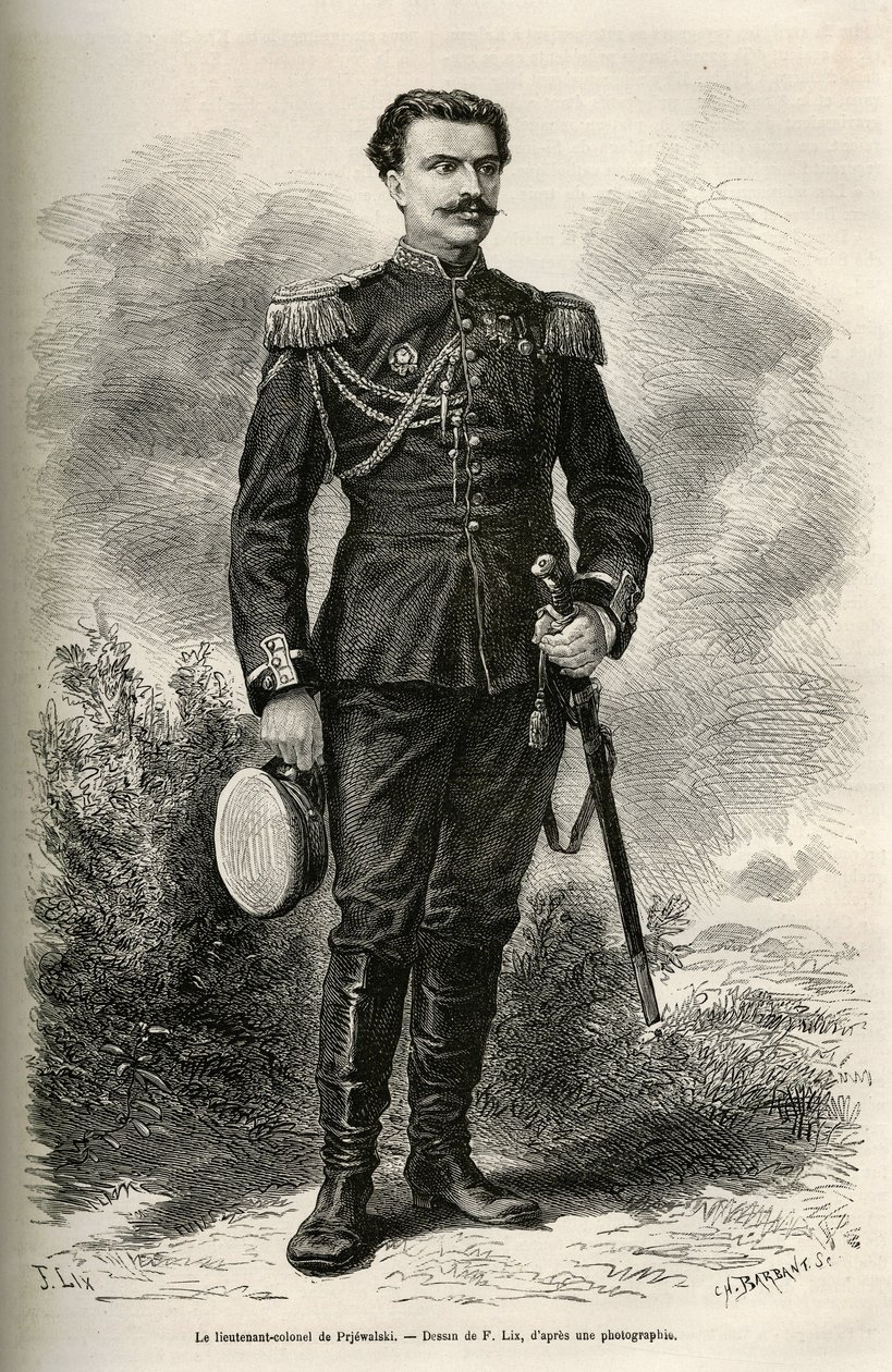 Matkustaja ja kertoja Prjewalskin everstiluutnantti muotokuva, F.Lixin piirustus havainnollistamaan Prjewalskin everstiluutnantti matkaa Mongoliaan ja Tanguten maahan vuosina 1870-1873. Kaiverrus kirjassa Le tour du monde tekijältä Frederic Theodore Lix