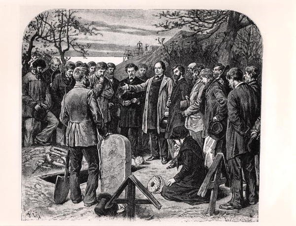 Victor Hugo (1802-85) Guernseyssä pitämässä maanpaossa olevan kumppanin hautajaispuhetta, n. 1880 (kaiverrus) (m/v kuva) tekijältä Frederic Theodore Lix