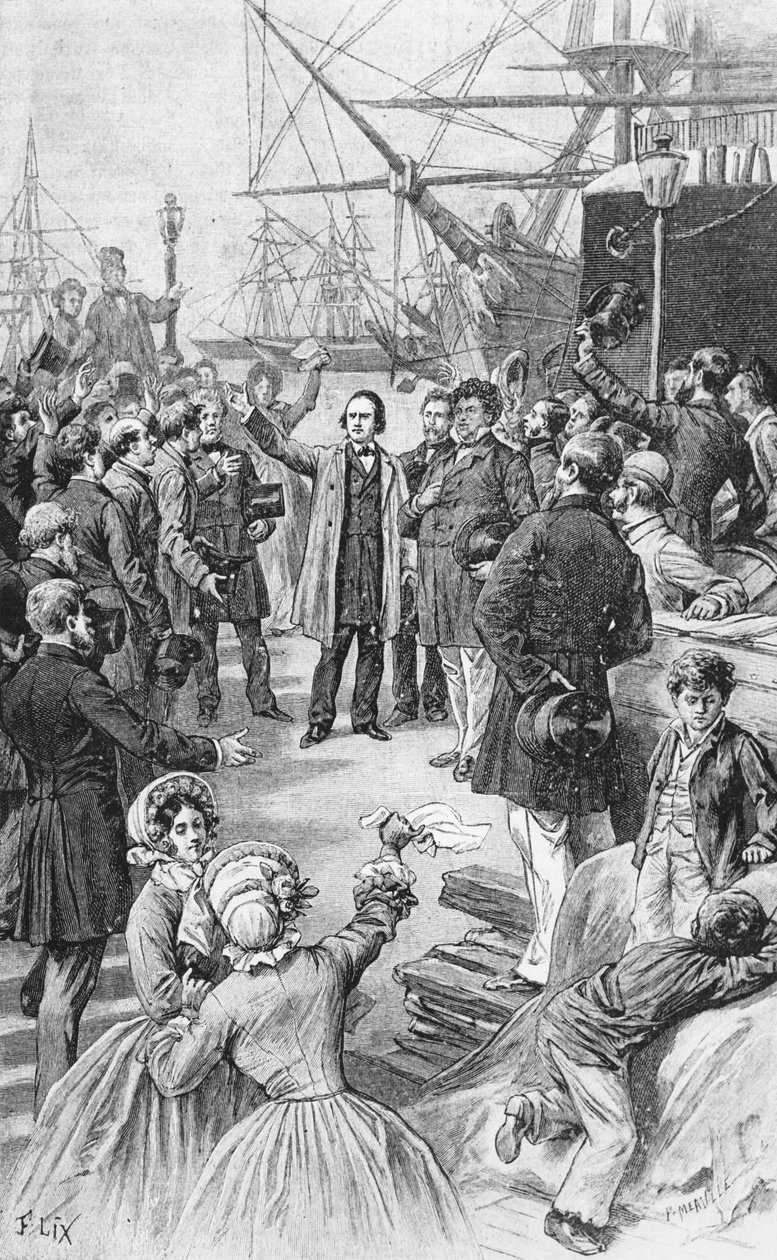Victor Hugo (1802-85) hyvästelee ystäviään ja kannattajiaan Antwerpenissä 1. elokuuta 1852, n. 1885 tekijältä Frederic Theodore Lix