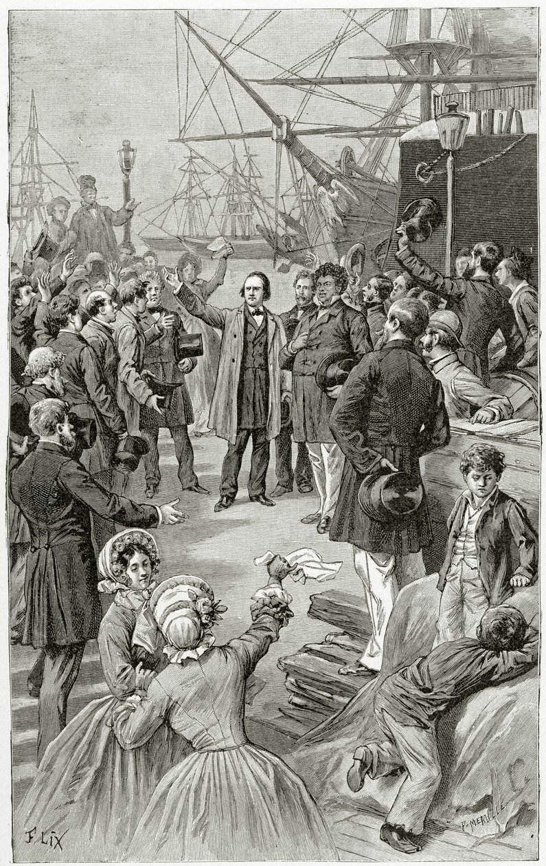 Victor Hugo tervehtii universaalia tasavaltaa maanpaossa pitämässään puheessa 1. elokuuta 1852, 1800-luvulla (bw-kaiverrus) tekijältä Frederic Theodore Lix