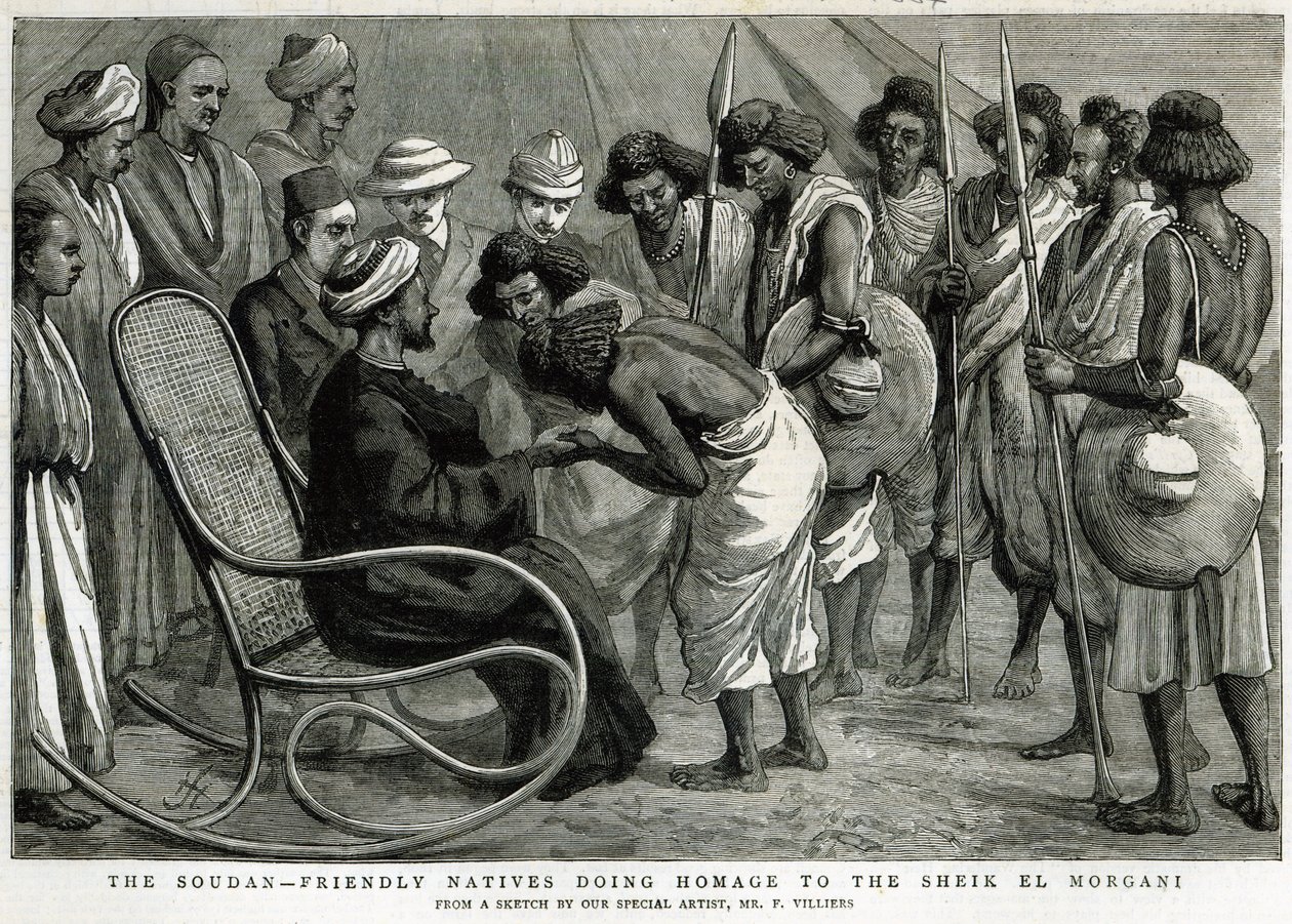 The Soudan: Ystävälliset alkuasukkaat kunnioittamassa Sheik el Morgania, teoksesta The Graphic, 19. huhtikuuta 1884 (kaiverrus) tekijältä Frederic Villiers