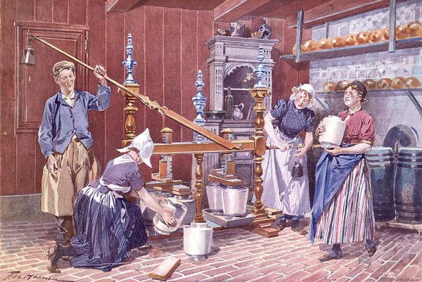 Juuston tuotanto Hollannissa, n. 1900 (väri litho) tekijältä Frederic de Haenen