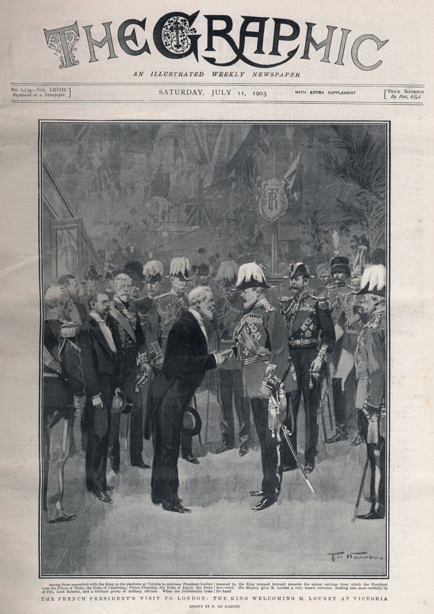 Entente cordiale: Ranskan presidentin Emile Loubetsin vierailu Lontooseen. Kuningas Edward VII toivottaa M. Loubetin tervetulleeksi Victorian asemalle. tekijältä Frederic de Haenen