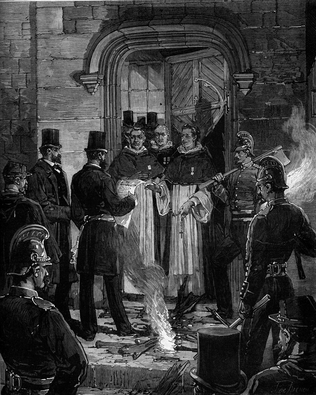 Dominikaanisten karkottaminen Pariisin Rue de Jean de Beauvais -kadulta Jules Ferryn maaliskuussa 1880 antamien asetusten ja luvattomien uskonnollisten seurakuntien jäsenten opettamisoikeuden poistamisen seurauksena: R.P. Mercille annettujen asetusten tied tekijältä Frederic de Haenen