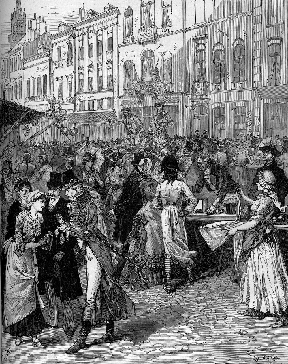 Historiallinen juhla Lillen piirityksen muistoksi vuonna 1792: Braderie Watteau (suuret messut) kaupungin kaduilla 1700-luvun muodikkaiden asukkaiden kanssa. De Haenen kaiverrus "" Le Monde Illustré" -julkaisussa nro 1334, 21. lokakuuta tekijältä Frederic de Haenen
