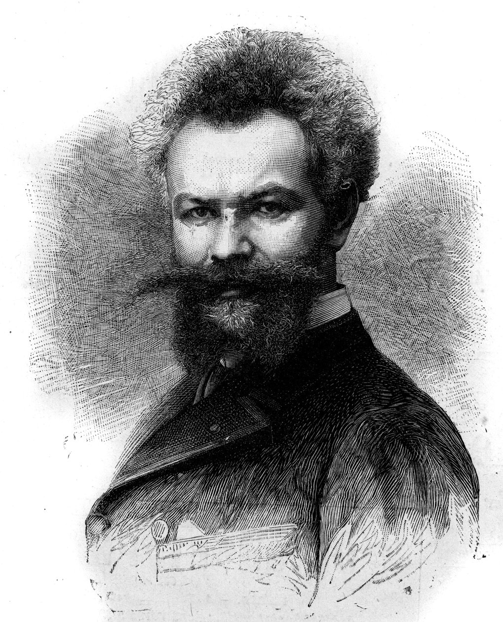 Muotokuva Mihaly Munkacsysta (1844-1900), unkarilainen taidemaalari. Kaiverrus "" Le Monde Illustré" -julkaisussa nro 1306, 8. huhtikuuta 1882. tekijältä Frederic de Haenen