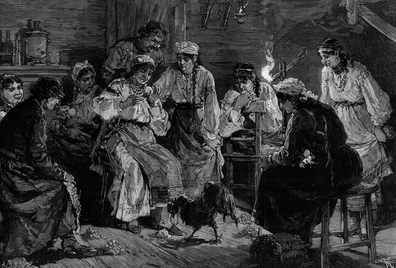 Venäläinen tapa: kukon horoskooppi. Uudenvuodenaattona naimisiin menevät nuoret tytöt laittoivat ruokaa jalkoihinsa. Se, jonka kukko ensimmäisenä poimii syötin, menee naimisiin vuoden aikana. Kaiverrus De Haenen kirjassa "" The Illustrous World"" nro 1241, tekijältä Frederic de Haenen