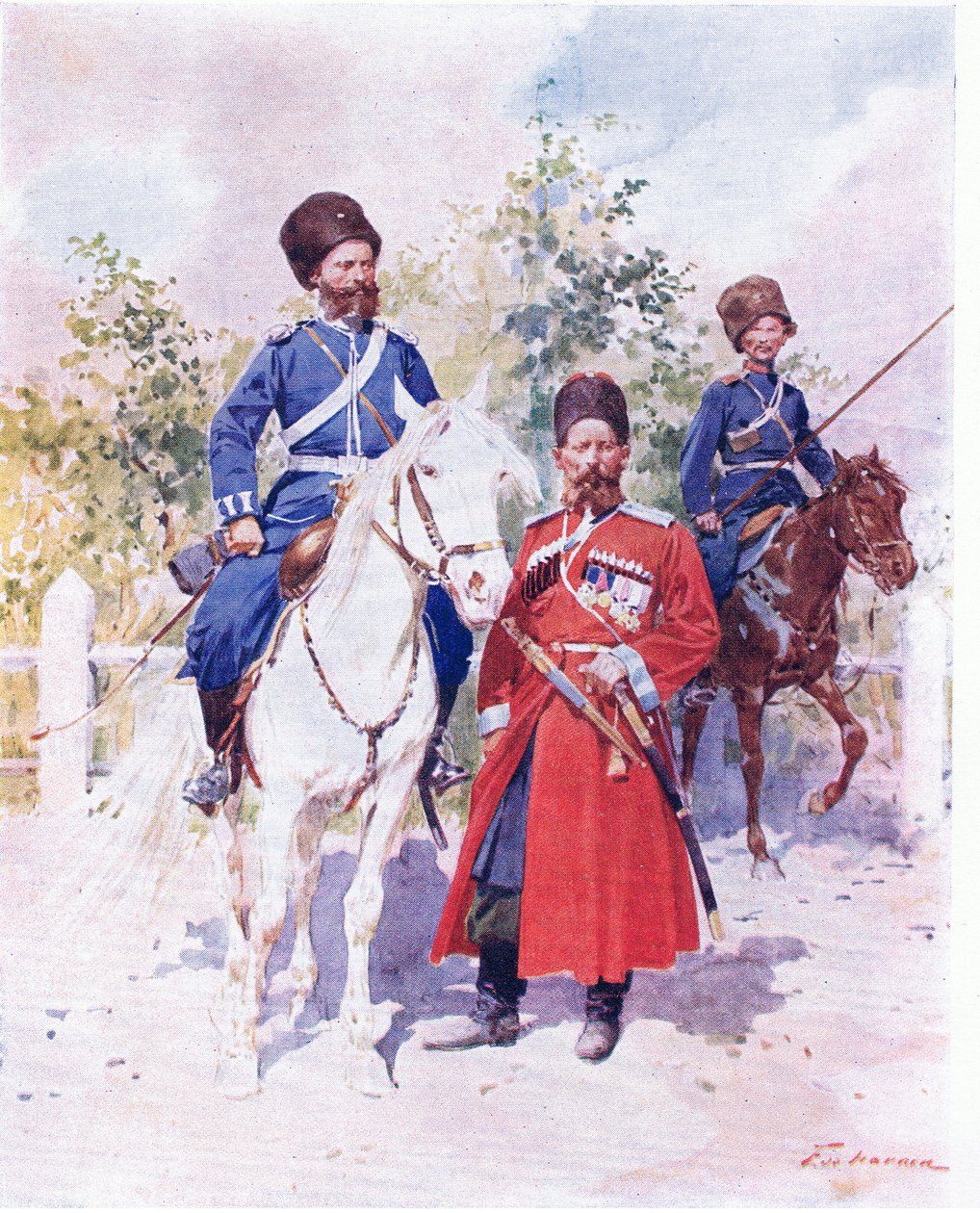 Venäläiset sotilaat n. 1900 (väri litho) tekijältä Frederic de Haenen