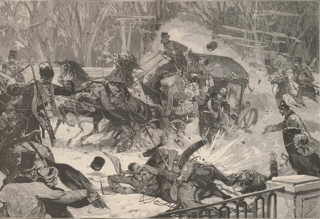 Aleksanteri II:n salamurha 13. maaliskuuta 1881. Le Monde Illustrésta, 1881. tekijältä Frederic de Haenen