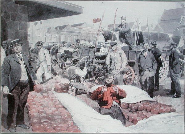 Juustotori Alkmaarissa, n. 1910 (väri litho) tekijältä Frederic de Haenen
