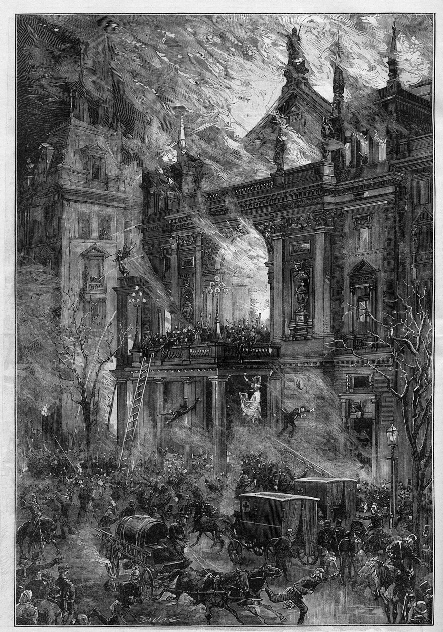 Opera Wiener Ringtheaterin tulipalo Wienissä (Itävalta) 5. joulukuuta 1881. De Haenen kaiverrus teoksessa "" Le Monde Illustré"" nro 1291, 24. joulukuuta 1881. tekijältä Frederic de Haenen