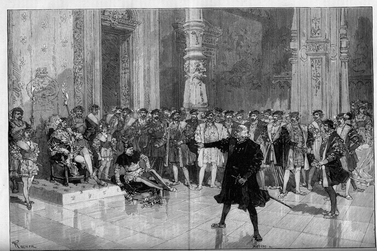 Teatteriesitys: Victor Hugon (1808-1883) "Kuningalla on hauskaa". Näytelmän I kohtaus 5: huone Louvressa, kirous. herra de Saint Vallier (Saint-Vallier) ennen kuningas Francois I:tä (Mounet Sully (tai Mounet Sully) 1841-1916) ja narri Triboulet (Edmond) tekijältä Frederic de Haenen