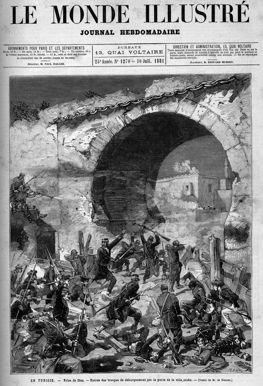 Tunisia, heinäkuu 1881: Ranskan joukot valloittivat Staxin kaupungin asukkaiden kapinan jälkeen Ranskan Tunisian protektoraattia vastaan. Kaiverrus De Haenen. Yksi "The Illustrous World" -julkaisusta nro 1270, 30. heinäkuuta tekijältä Frederic de Haenen